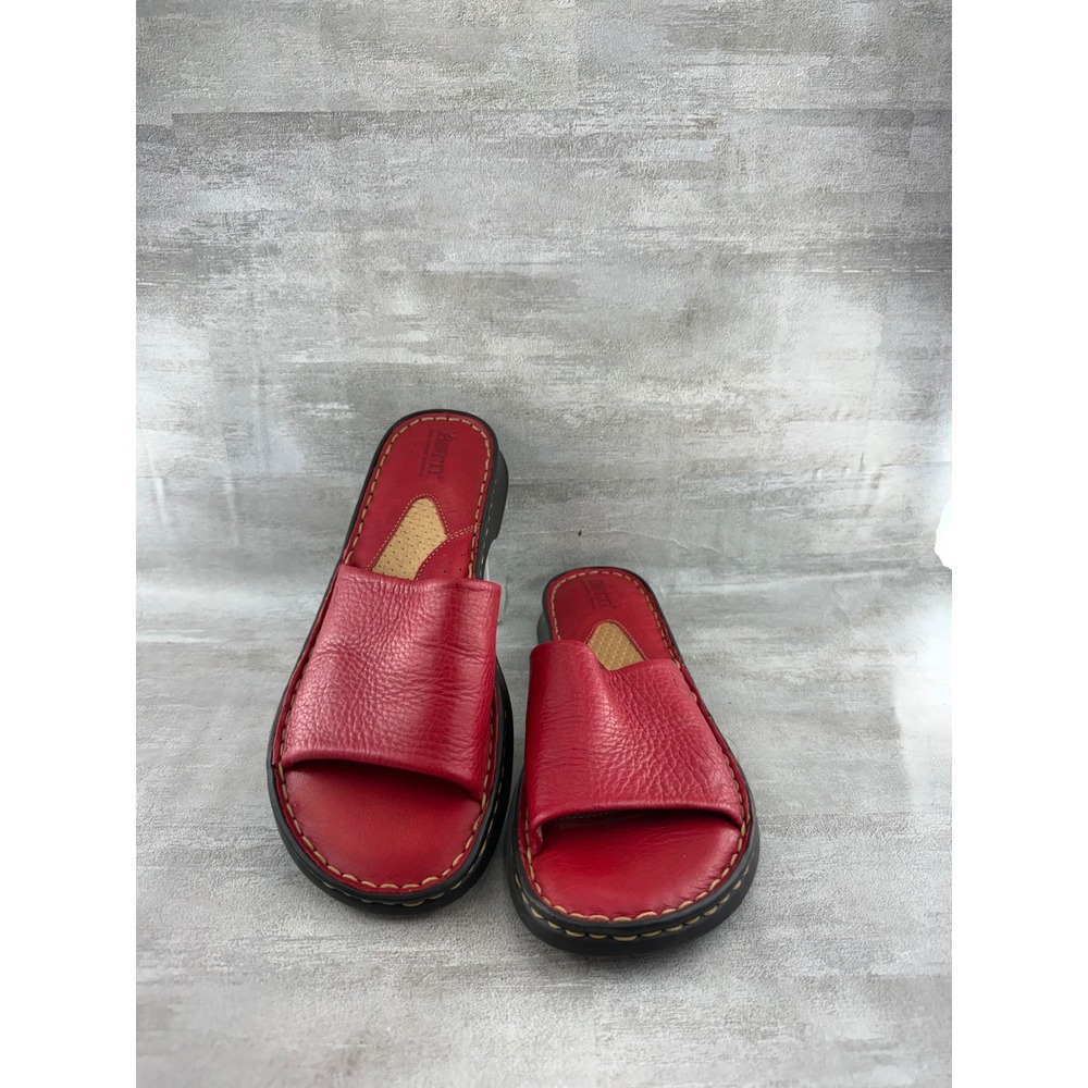 Born Red Leather Slide Sandals Women Sz US 7 EU 38 Hand Crafted Opanka Flats